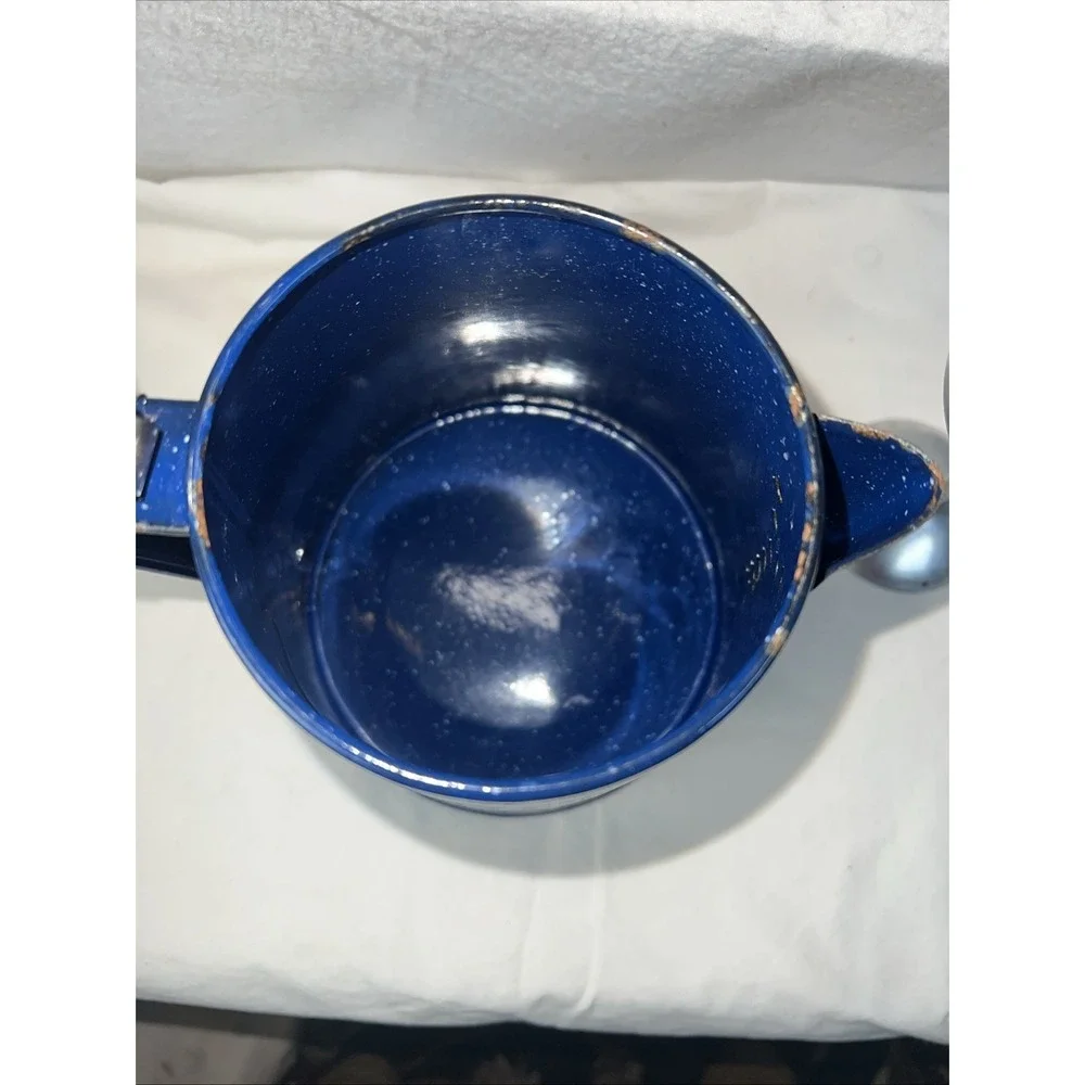 Vintage Blue Speckled Enamel Coffee Pot Campfire Cowboy Kettle Rustic Camping 9